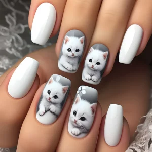 24Pcs Press on Nails Cute Cat Cartoon Pets Design Cat False Nails Set Kawaii Animal Nail Art Decoration DIY Manicure