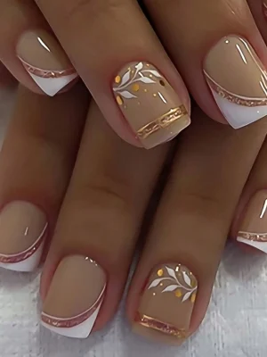 24pcs Short Square Nude French Manicure Nail Stickers, White Tip & Gold Line Design, Glossy Reusable Fake Nails